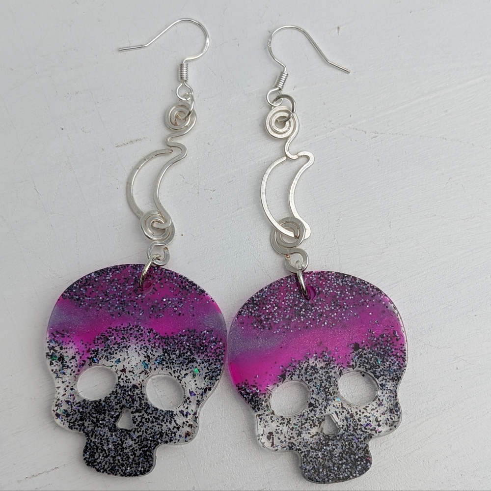 Purple Skull Silver Earrings Handmade Halloween Skulls Moon Lightweight Cute Art